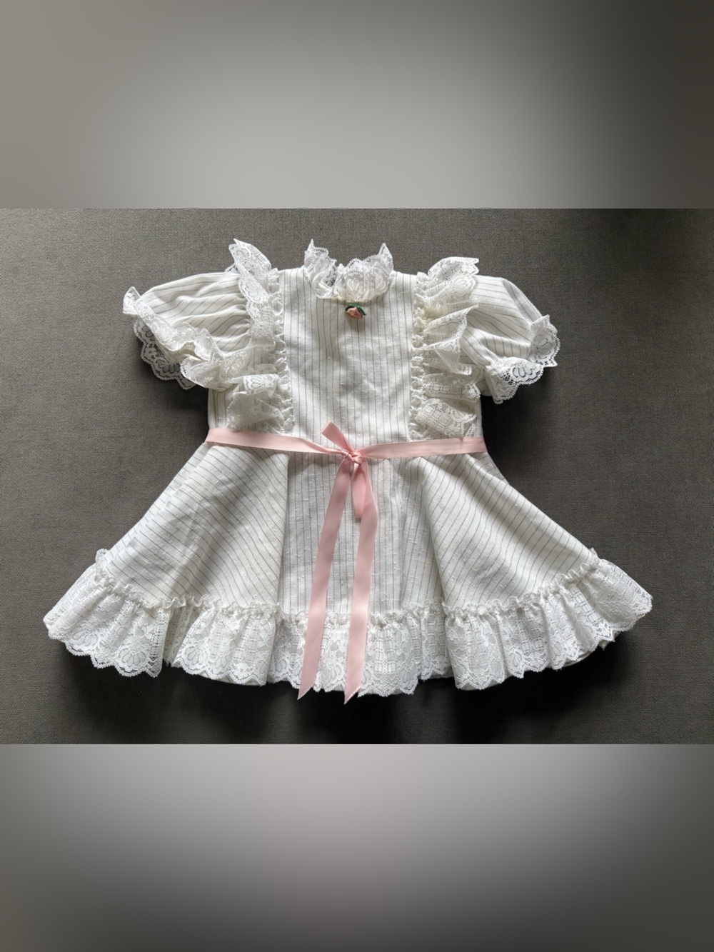 1980s White Lace Baby Dress with Pink Ribbon